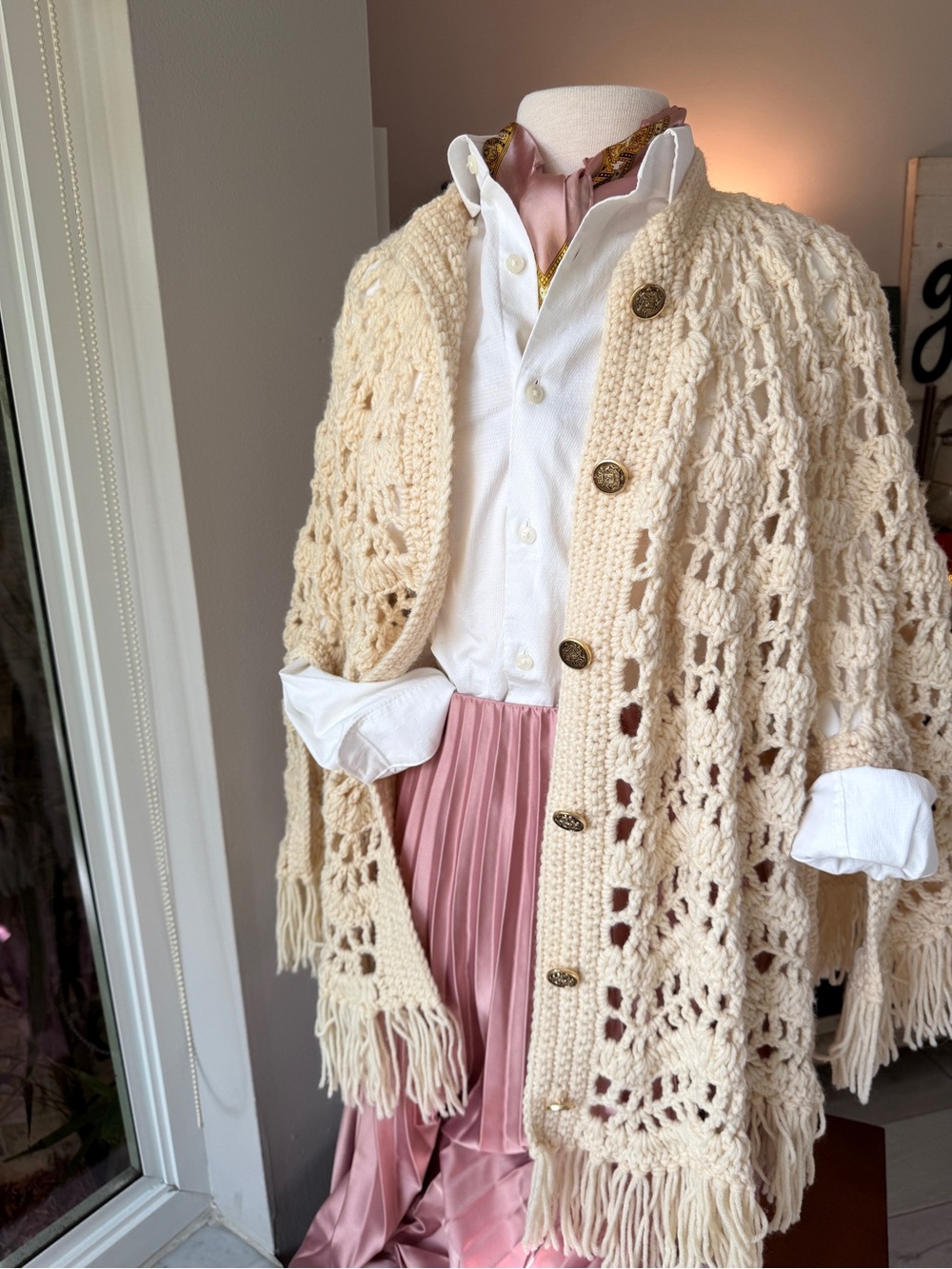 Handmade Crochet Cape Shawl Poncho Ivory Cream Fringe Button Front Boho OS